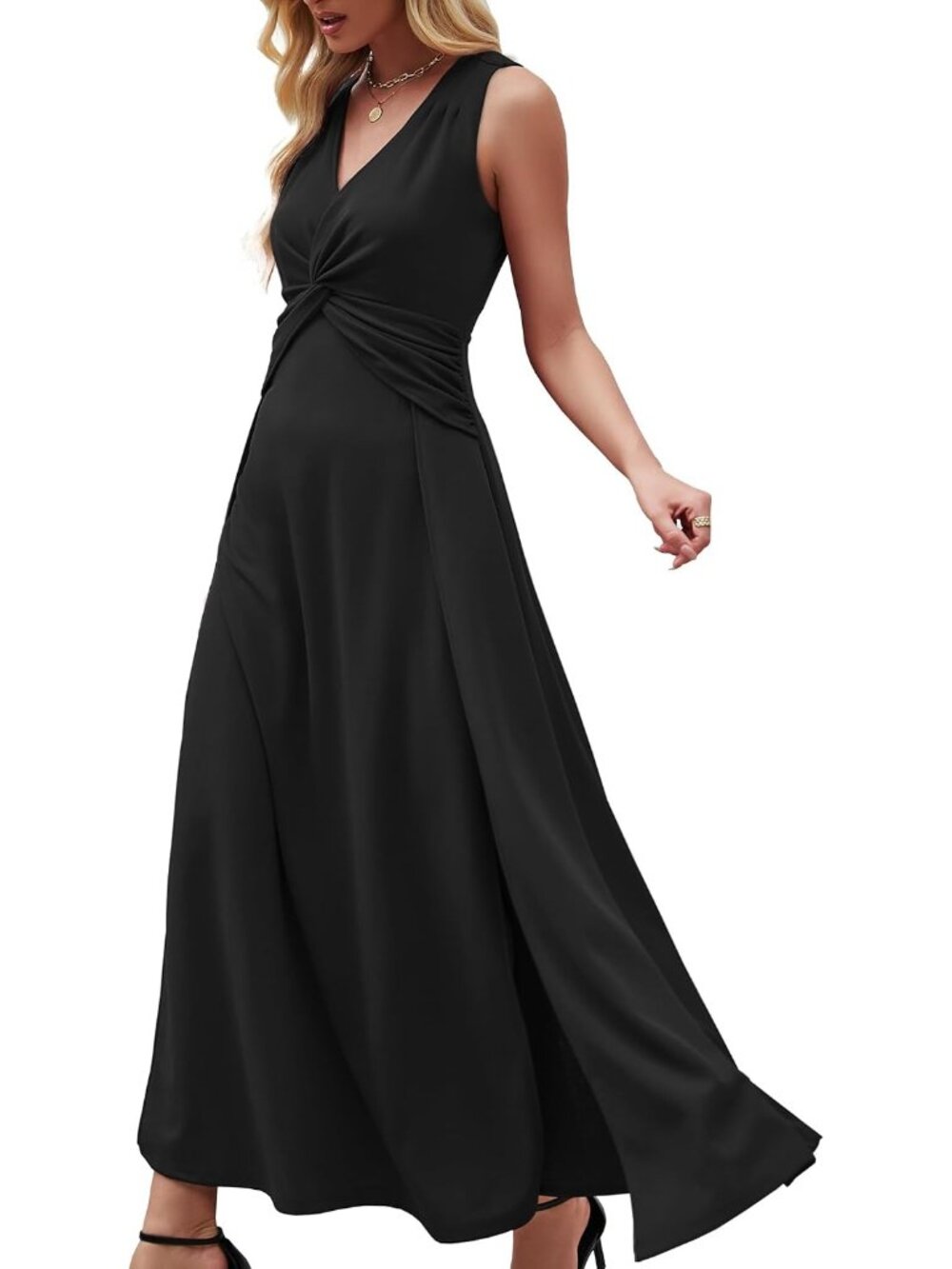 Women's Black V Neck Sleeveless Back Zipper Formal Weddings Guest Maxi Dresses